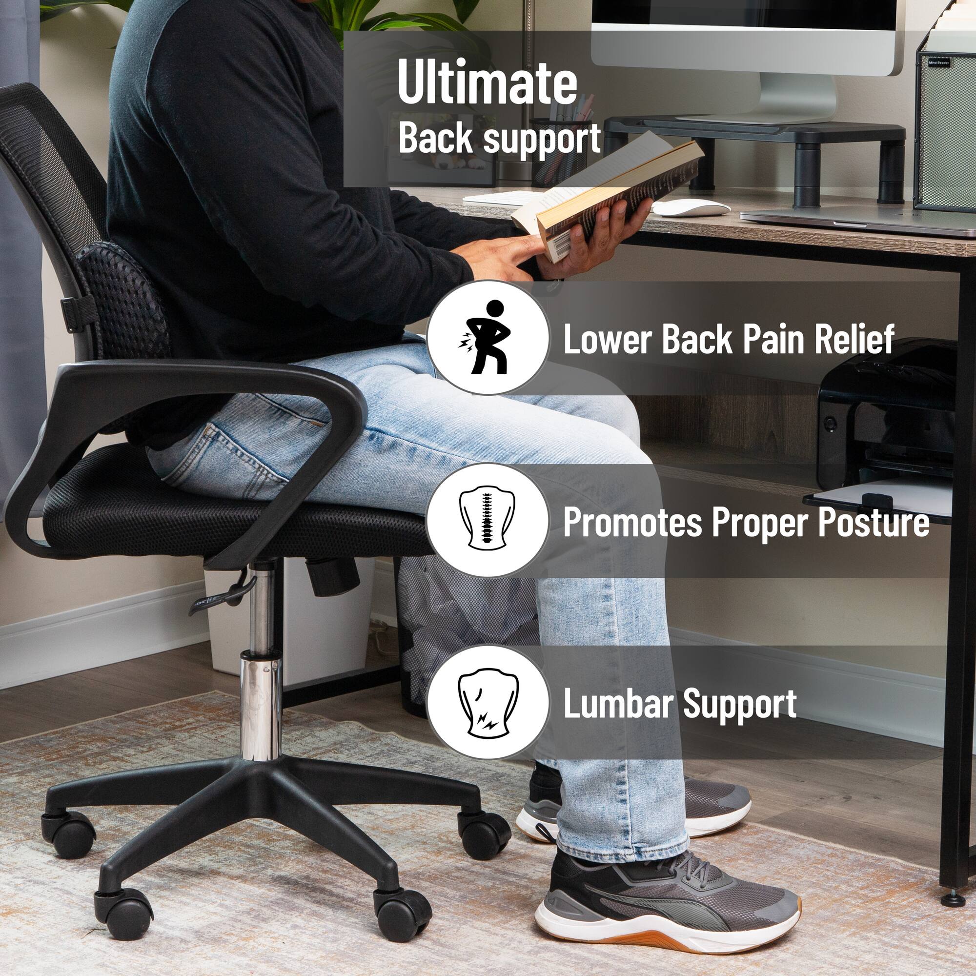 Mind Reader Lumbar Support Pillow with Air-Cloud Technology, Memory Foam Cushion for Back, Waist & Hip Pain Relief, Breathable Cover, Black
